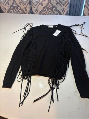 7 For All Mankind Black Fringe Knit Sweater